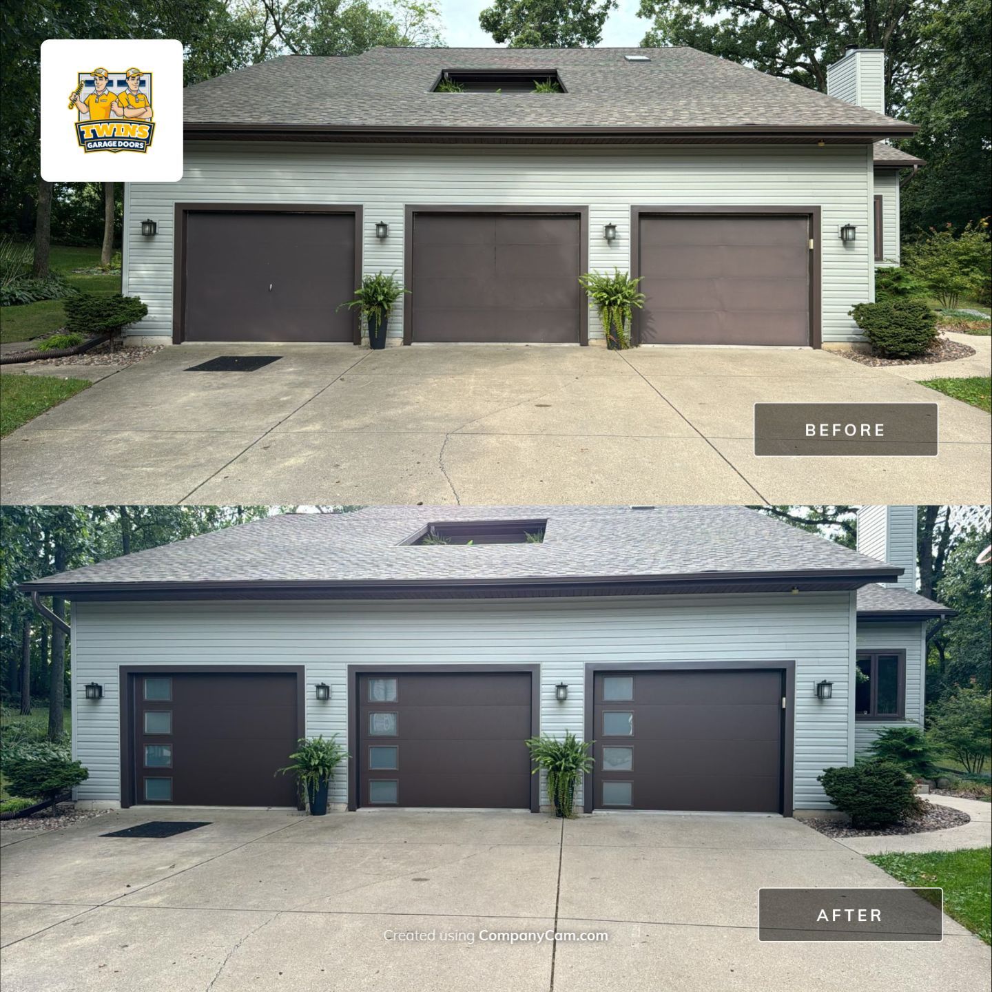 before an after pics of chocolate brown garage door installation