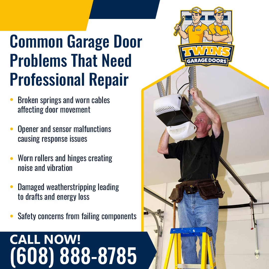 A garage door technician stands on a ladder while repairing a ceiling-mounted garage door opener inside a residential garage, with a tool belt around his waist.