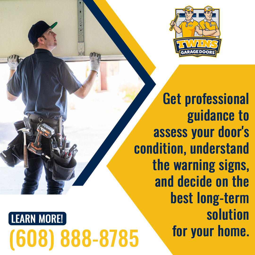 A garage door technician working on a garage door, with text promoting Twins Garage Doors’ professional guidance for assessing garage door condition and finding long-term solutions.