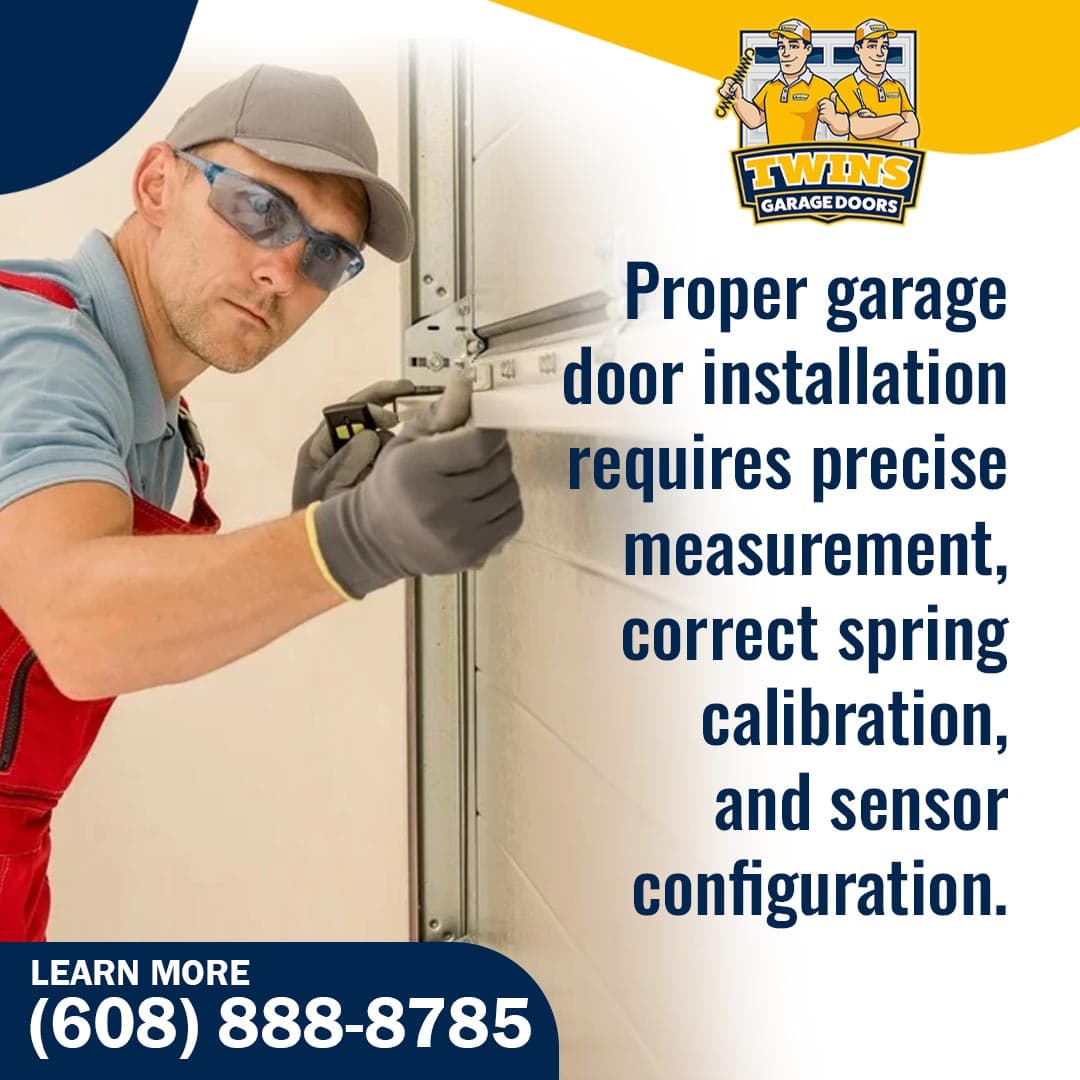 Technician installing and adjusting a residential garage door system