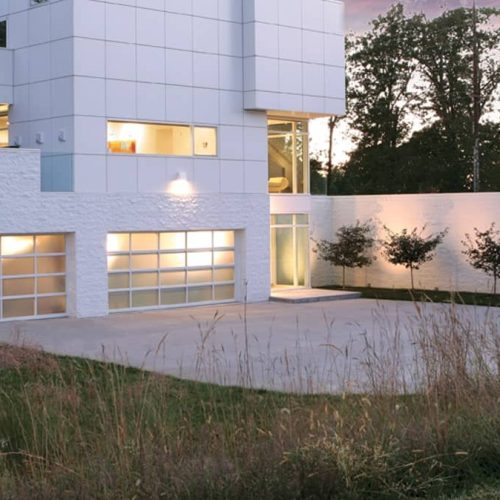 building with glass garage doors
