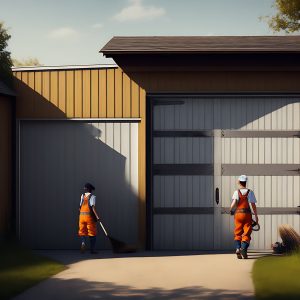 How To Prepare Your Garage Door For The Spring 1 A person in overalls, standing in front of a garage door, running a broom along the top and sides while checking the hinges