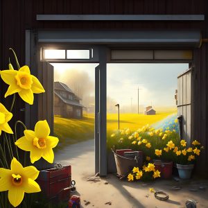 Garage Door Repairs To Make Before Spring 1 A garage door with a broken spring, tools in the foreground, and a cheerful yellow daffodil in the background.