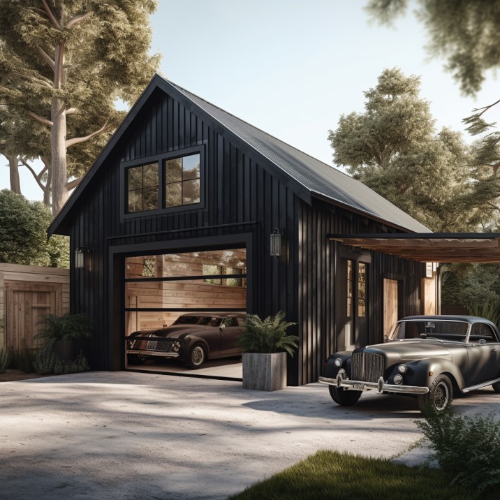 garage door and 2 cars
