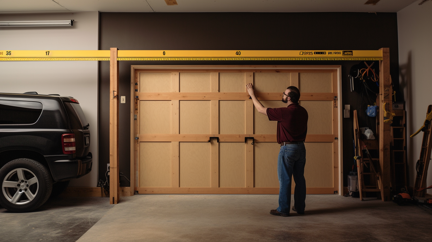 person measuring a garage door from inside a garage